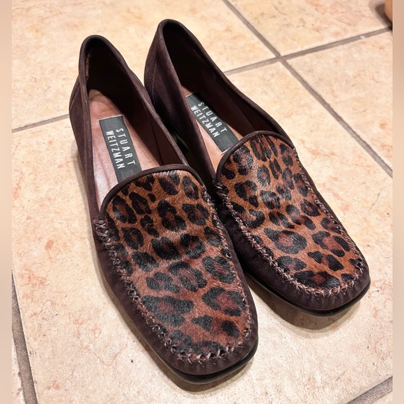 Stuart Weitzman Shoes - STUART WEITZMAN Brown Suede Animal Leopard Calf Hair Square Toe Loafers